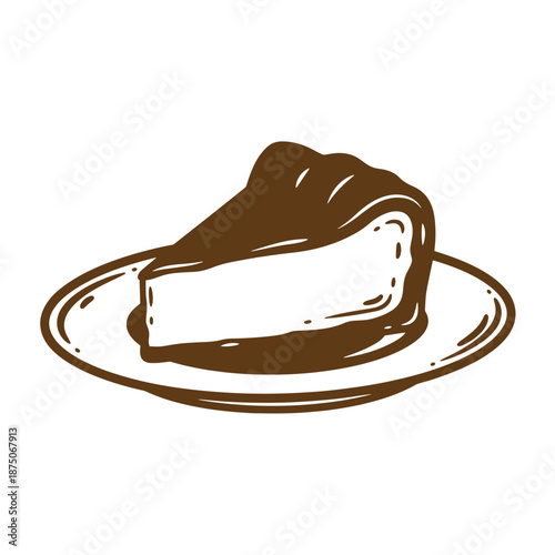 Drawing Vintage A slice of cheesecake with chocolate on a plate  dessert