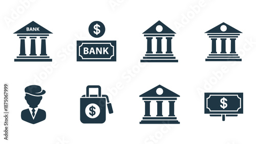 banking icons including buildings money and a businessman