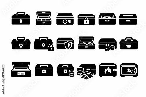 Set of icons representing various box and safe designs with lock and security symbols