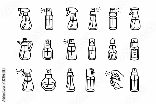 Various spray bottle designs: iconic outlines for diverse liquid applications