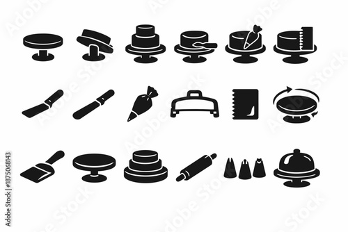 Cake decorating equipment icons: turntable, knife, piping bag, spatula, cutter, cloche