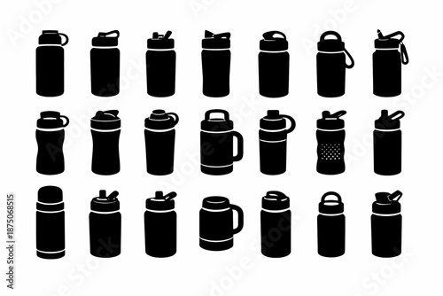 Variety of black water bottle silhouettes on white background