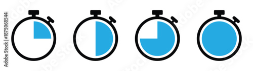 clock and stopwatch timer icons showing different countdown time segments vector. hronometer deadline, stopwatches icons in circle shape. Label cooking symbols. 