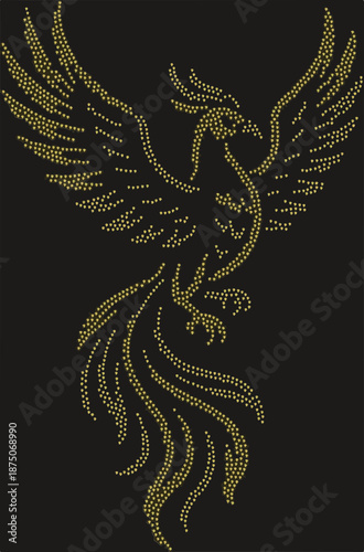 Golden phoenix bird made of small dots mythical creature symbolizing rebirth and strength elegant vector illustration on black background