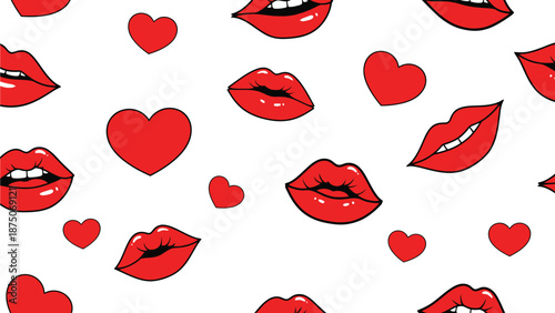 Playful red lips and hearts create a vibrant, romantic pattern