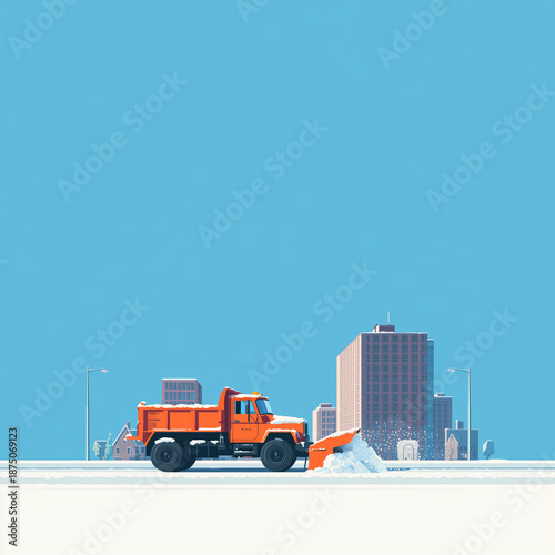 Snowplow Truck Clearing Snow on Winter City Street