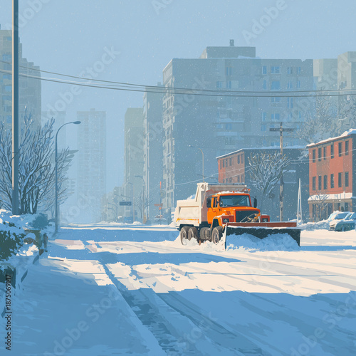 Snowplow Truck Clearing Snow on Winter City Street