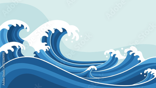 Stylized illustration of powerful blue ocean waves with white foam crests under a light blue sky