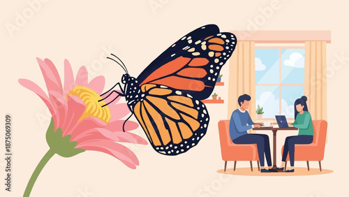 Surreal illustration of a monarch butterfly on a flower with a couple working in a cozy interior