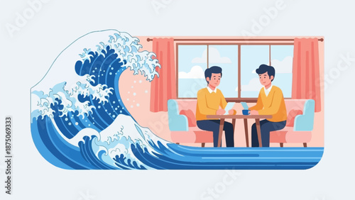 Surreal illustration of two men in a cozy room, oblivious to a giant wave about to crash over them