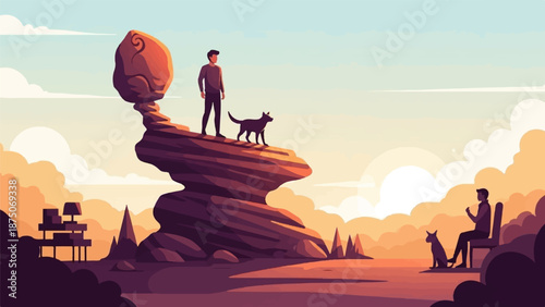 Surreal pixel art of a man and dog on a balanced rock, watched by another pair at sunset