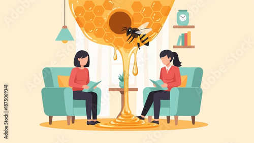 Surreal illustration of two women reading while honey drips from a huge honeycomb above