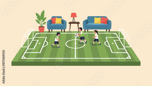 Three children play soccer on a miniature field set up inside a cozy, furnished living room