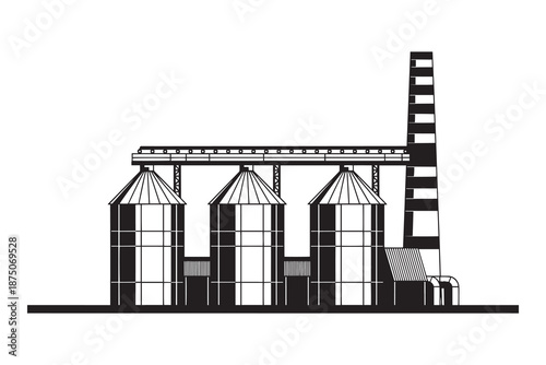 Industrial building with silos and chimney