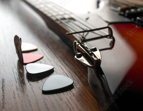 A close-up of guitar picks and a guitar's neck and body