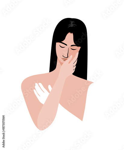A minimalist illustration of a woman gently holding her face and nack, expressing self care calmness and emotional healing.
