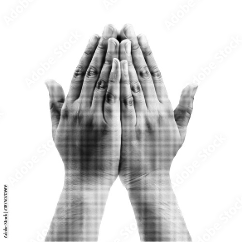 Black and white halftone illustration of two hands covering the face, symbolizing stress, fear, anxiety, shame, depression, mental health struggle, protection or emotional overload on white background