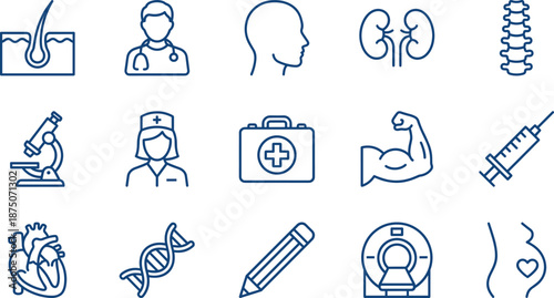 Set of fifteen blue linear medical icons featuring human organs healthcare professionals and hospital equipment isolated on white background for clinic web design elements