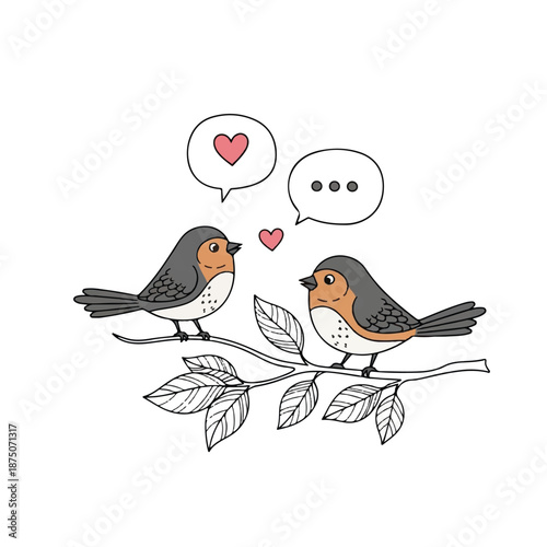 Two birds perched on a branch, facing each other with speech bubbles and a heart symbol above them