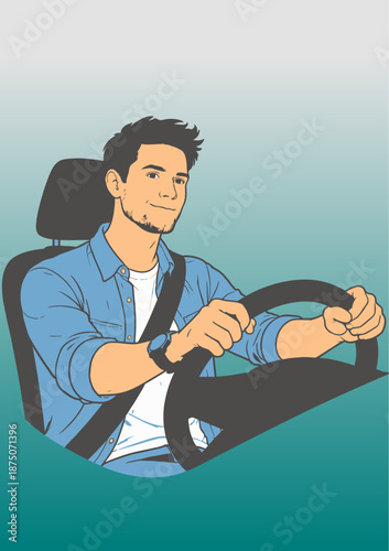060-33-Young man driving a vehicle, wearing a seatbelt and gripping the steering wheel