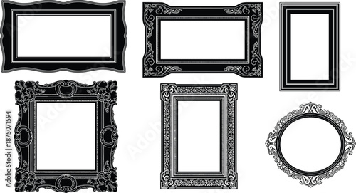 Vintage picture frames set, ornate black border collection, classic antique gallery wall elements, baroque frame, cad drawing flat vector illustration