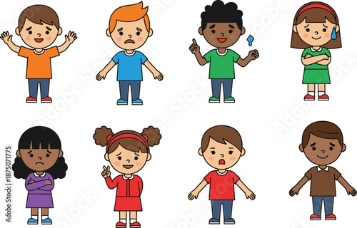 Cute children characters set, diverse kids with different emotions and expressions, happy sad angry surprised faces, flat vector illustration