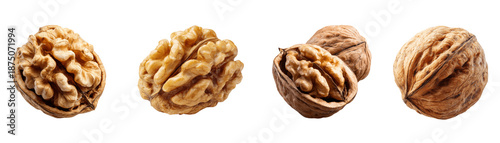 Set of whole and cracked walnuts with peeled kernels, organic healthy snack food PNG, transparent background