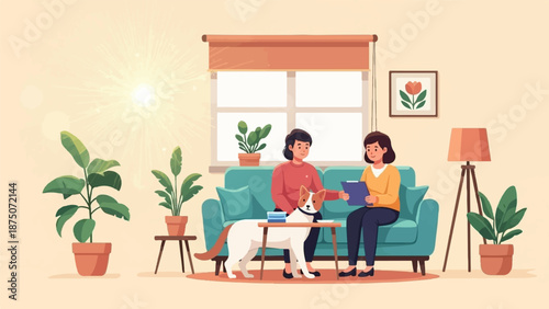 Two women and a dog in a sunlit living room, one holds a clipboard during a friendly consultation