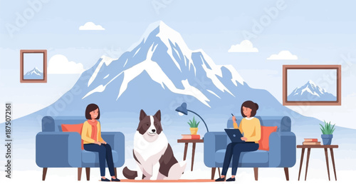 Two women and a dog in a therapy session with a huge snowy mountain peak in the background