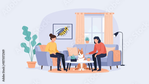 Two women and a Corgi dog relaxing together in a cozy, modern living room flat illustration