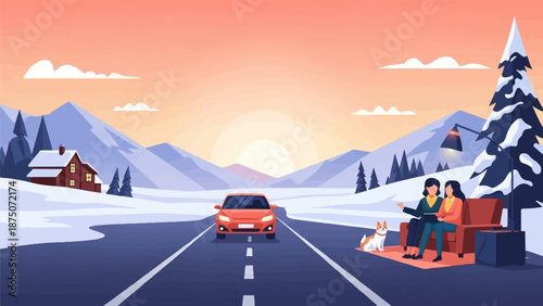 Two women and a dog on a roadside couch in a snowy mountain landscape at sunset