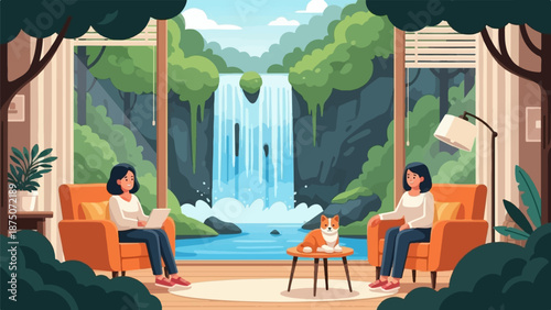Two women and a dog relax in a living room with a stunning waterfall view through a large window
