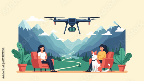 Two women and a dog relax with a drone hovering over a vast mountain landscape seen from a room