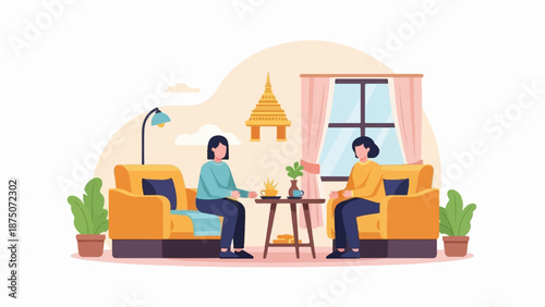 Two women chat over coffee in a cozy living room decorated with plants and a golden pagoda replica