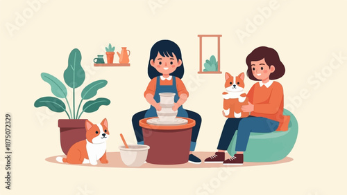 Two women enjoy a pottery session at home, accompanied by their two adorable corgi companions