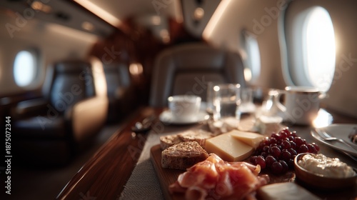A gourmet breakfast served on a luxury private jet, featuring cheese, grapes, and prosciutto, highlighting opulent travel aesthetics.