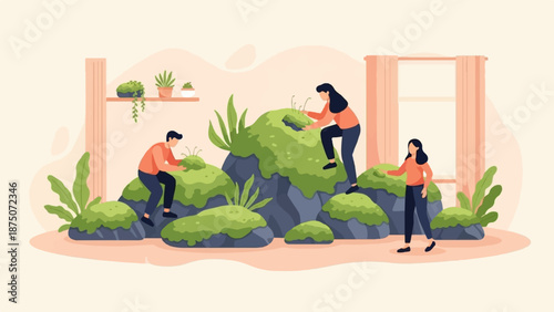 Vector illustration of three people tending to a large indoor moss garden with rocks and houseplants