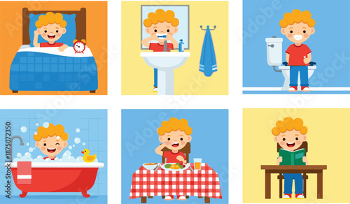 Daily routine for kids set, little boy waking up brushing teeth using toilet bathing eating reading, flat vector illustration