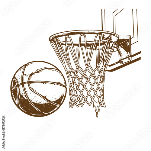 Drawing Vintage Brown illustration of a basketball going into a hoop with net