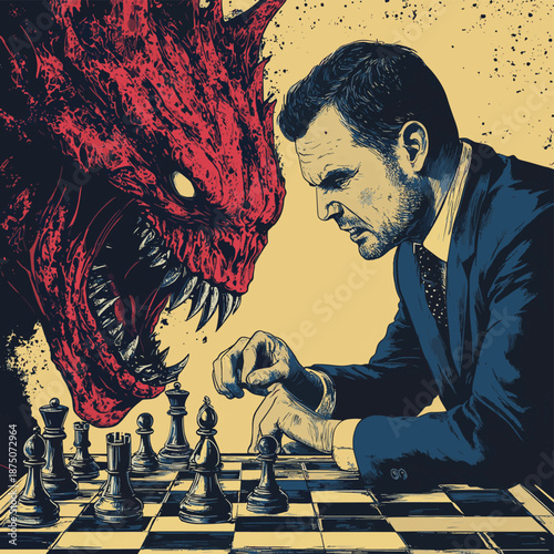 man in a suit playing chess against a terrifying monster, symbolizing internal struggle and decision-making pressure