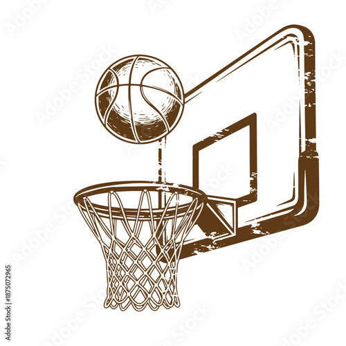 Drawing Vintage Brown illustration of a basketball going through a hoop with net and backboard in a vintage style  sports equipment