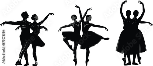 Elegant Ballet Dancer Silhouette Collection Featuring Professional Ballerinas and Male Partners Performing Graceful Poses in Tutus for Classical Dance Performance and Theater Arts Design