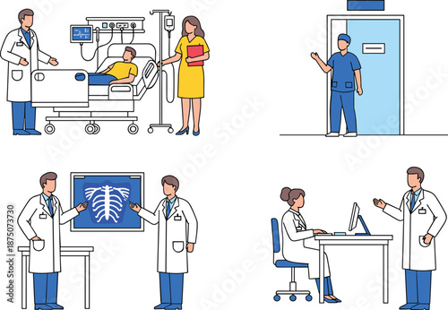 Medical healthcare illustration set featuring doctors and nurses providing patient care conducting clinical diagnostics and working in hospital office isolated professional vector art