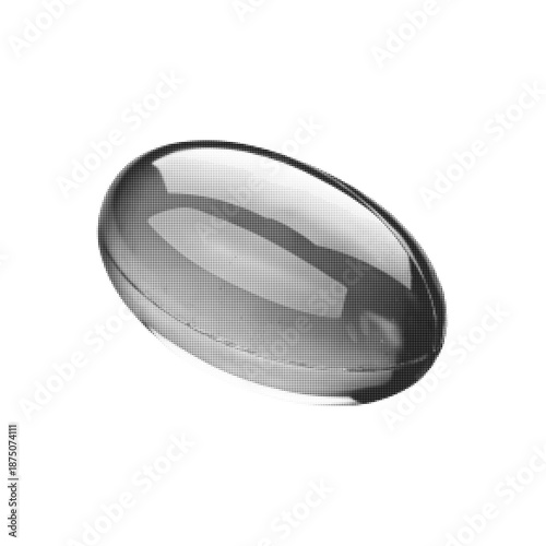 Black and white halftone illustration of a glossy capsule pill, symbolizing medicine, supplement, healthcare, pharmaceutical treatment, wellness and drug concept isolated on white background.