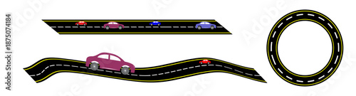 vector illustration of a road. City street road seamless elements set. Roads parts pieces builder  straight, curved, crossing, roundabout