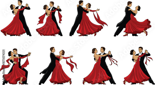 Set of elegant ballroom dancing couple illustrations featuring professional dancers in red evening gowns and black tuxedos performing tango waltz and romantic dance poses