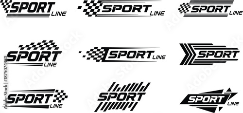Set of dynamic sport line typography logos featuring checkered flags speed motion trails and geometric shapes for automotive racing branding performance competition identity vector