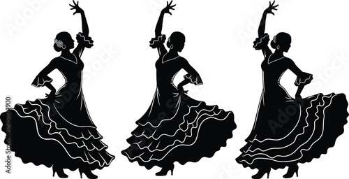 Traditional Spanish Flamenco Dancer Silhouette Set Featuring Professional Female Performers in Ruffled Gowns Performing Expressive Poses and Graceful Movements for Cultural Event Artistic Posters