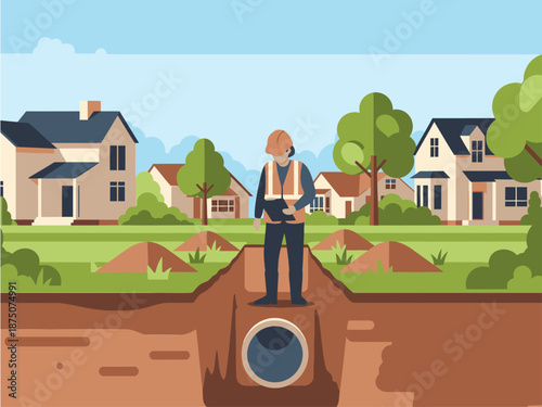 An engineer inspects a drainage system in an outdoor setting. Clear composition, professional focus, and a modern illustration style.