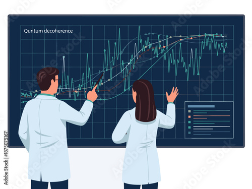 Researchers analyze quantum data on a large screen, collaborating and pointing at complex graphs. A modern, professional setting highlights scientific discovery.